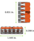 Skip The Tape Hassle With Five Conductor Lever Wire Connectors Clear Housing Quick Snap Levers No Twist 20 To 10 AWG Reusable Electrical Splicing Caps Bulk Bag Of Five Hundred Pieces with dimensions visible.
