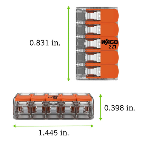 Skip The Tape Hassle With Five Conductor Lever Wire Connectors Clear Housing Quick Snap Levers No Twist 20 To 10 AWG Reusable Electrical Splicing Caps Bulk Bag Of Five Hundred Pieces with dimensions visible.