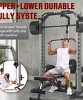 All In One Adjustable Smith Machine With Lat Pulldown System Multi Function Power Cage For Home Gym Cable Crossover Squat Rack Training Equipment With Attachments in use