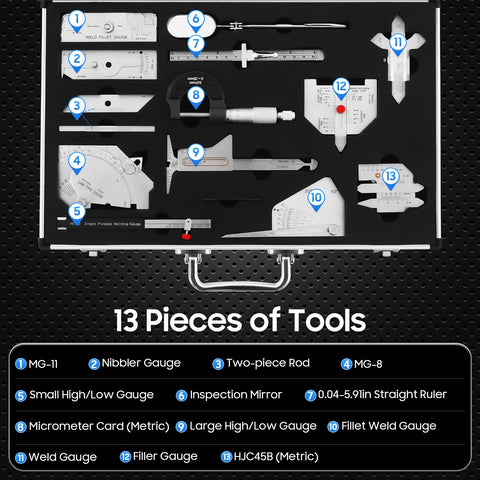 13 Piece Welding Gauge Tool Inspection Kit With Mirror And Box featuring stainless steel tools in a protective case