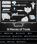 13-Piece Stainless Steel Weld Inspection Gauge Set With Tool Box for Automotive Repair, includes fillet weld gauge and ruler.