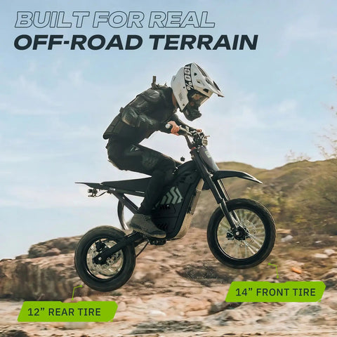 Gnarly High-Performance Electric Dirt Bike For Teens And Adults Up To 37 MPH With 2200W Peak Motor, 14 And 12 Inch Off-Road Tires