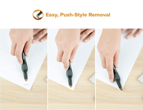 Office Staple Remover With Magnetic Pick Up, Ergonomic Push Style removing staples from paper without tearing.
