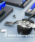 All In One Watch Battery Replacement Tool Kit With Adjustable Case Opener Back Remover Tweezers And Precision Screwdrivers displayed