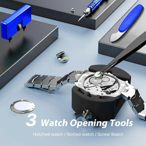 All In One Watch Battery Replacement Tool Kit With Adjustable Case Opener Back Remover Tweezers And Precision Screwdrivers displayed