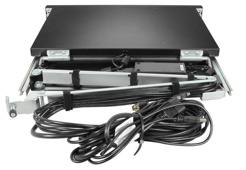 Premium 1U Rack Mount Kvm Console With An Epic 18.5 Inch Lcd Widescreen Tray and cables showing in open position.