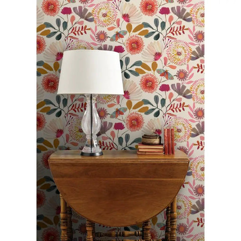 Wildflowers Floral Wallpaper Featuring Hella Smooth Matte Linen Texture And Truly PVC Free Composition Professional Grade Type II Paste Ready Wallcovering Super Durable Accent Decor For Modern Homes with lamp and wooden table.