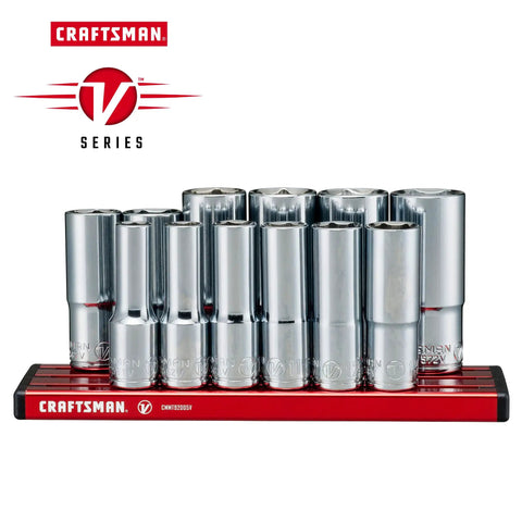 Deep 3/8 Inch Drive Socket Set, 12 Piece, 6 Point High Torque Sockets With Magnetic Rail, Anti Slip Grooves For Secure Grip