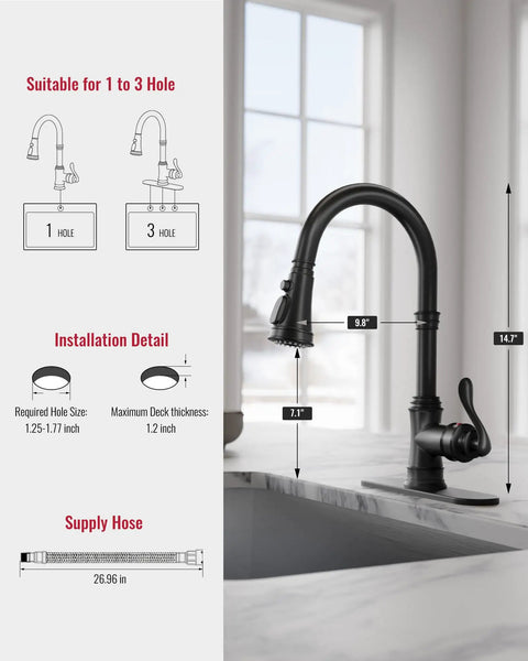Matte Black Kitchen Faucet With Pull Down Sprayer, 3 Function Spray, Vintage Single Handle With Antique Brass Accent, installation diagram