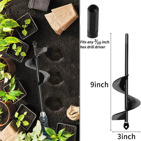 Dual Size Planting Auger Drill Bit Set With 3x9 Inch And 1.6x9 Inch High Efficiency Spiral Bits For Garden Planting, visible in soil