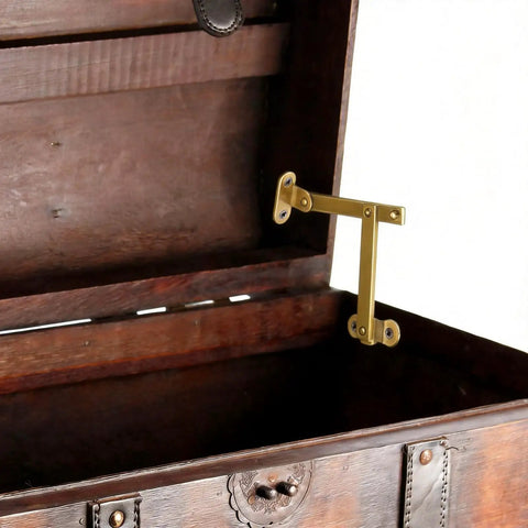 Pack Of Two Heavy Duty Brass Lift Hinges With Smooth Swing Lid Supports For Cabinet Wardrobe And Jewelry Box Features A Sweet Gold Tone Finish Easy Peasy Install Top Notch Woodworking Hardware For Left Or Right Doors on a jewelry box.