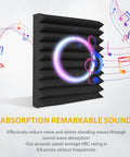Heavy Duty Acoustic Foam Panels 12 Pack 1 Inch Thick 12 By 12 Black Wedge For Studio Recording Home Office And YouTube Content Creators Noise Reduction And Echo Control with musical notes.