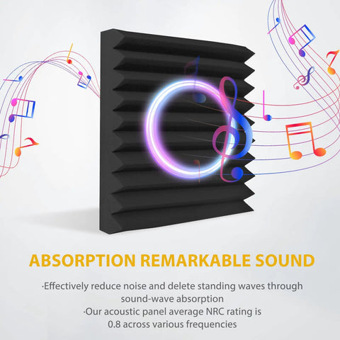 Heavy Duty Acoustic Foam Panels 12 Pack 1 Inch Thick 12 By 12 Black Wedge For Studio Recording Home Office And YouTube Content Creators Noise Reduction And Echo Control with musical notes.