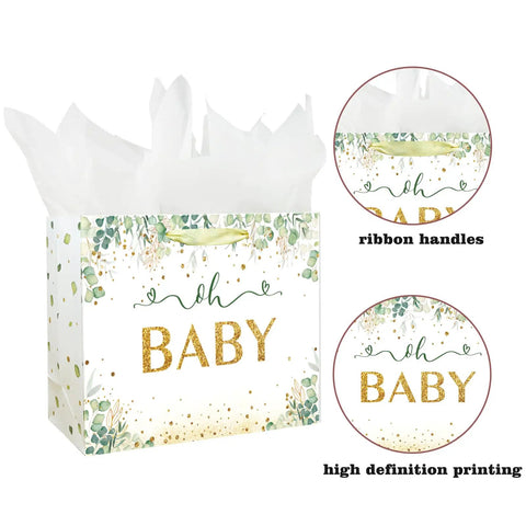 13 Inch Large Baby Gift Bag For Baby Shower Or Birthday With Sturdy Handle Includes Tissue Paper And Greeting Card In Vibrant Green Unisex Design