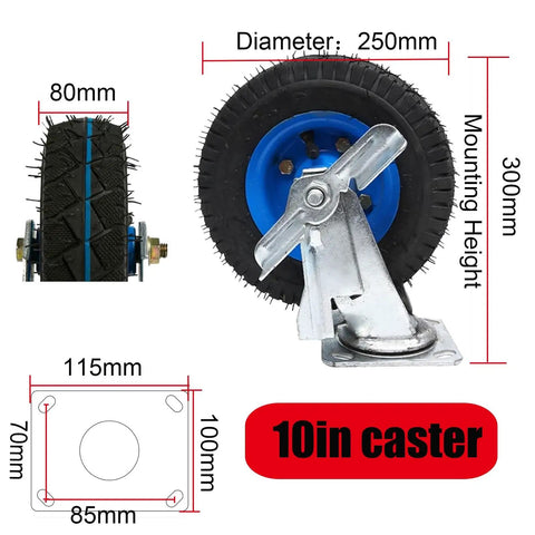 10in heavy duty caster wheels with brakes top plate swivel castors for furniture and workbenches, industrial use, locking brakes