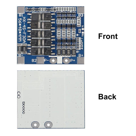 Bulletproof Build Three Pack Four Series Lithium Iron Phosphate BMS Battery Guard 30A 12.8V Power Management Board front and back view.