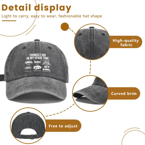 Vintage Black Baseball Cap With Low Profile Curved Brim For RV Lovers And Caravan Travelers Casual Golf And Outdoor Leisure Dad Hat Funny Things I Do In My Spare Time Cap with detail display of features.