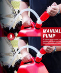 Manual Portable Fuel Transfer Pump Siphon Kit With One Hand Pump Up To Three Point Two GPM Flow Built In Hose Clip Adjustable Air Vent Cap For Slower Or Faster Flow Great For Gas Diesel And Other Fluids 1 Pack used to transfer fuel from a red gas can