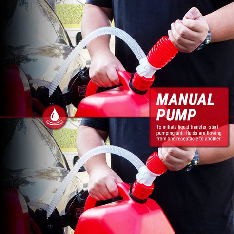 Manual Portable Fuel Transfer Pump Siphon Kit With One Hand Pump Up To Three Point Two GPM Flow Built In Hose Clip Adjustable Air Vent Cap For Slower Or Faster Flow Great For Gas Diesel And Other Fluids 1 Pack used to transfer fuel from a red gas can