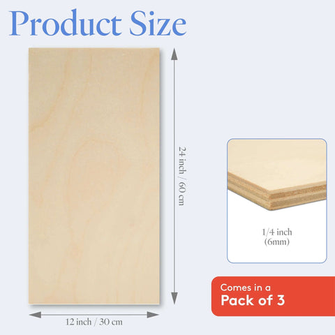 Baltic Birch plywood sheet, 12 x 24 inches, 1/4 inch thick, pack of 3