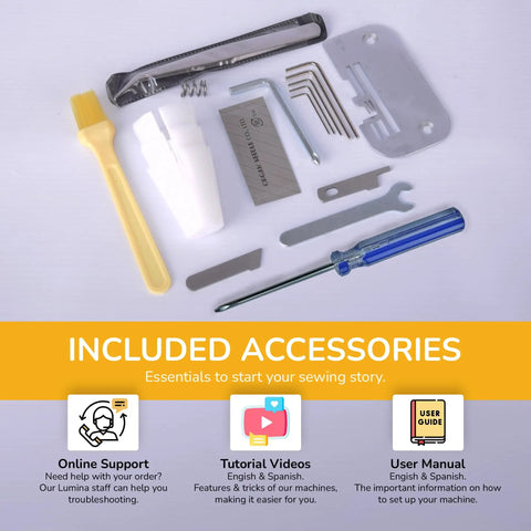 Accessories for Workhorse Serger Sewing Machine With 3 And 4 Thread Capability, includes tools and guides for setup and maintenance.