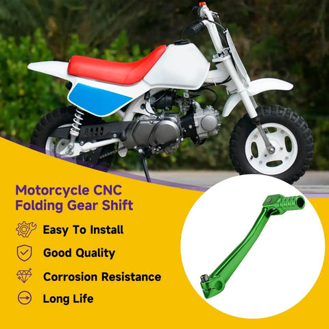 CNC Aluminum Folding Gear Shift Lever For Dirt Bikes And Pit Bikes Fits CRF50 CRF70 XR50 XR70 green lever and bike.