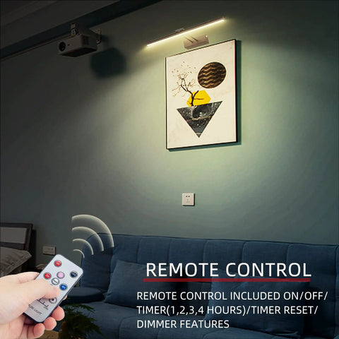 Room lit by Wireless Rechargeable Picture Light with 16 Inch Head, showing remote control features.