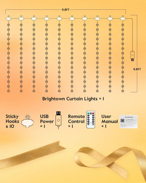 USB Powered Curtain String Lights 9.8ft Long With 300 LEDs, App Control And Remote, shown with sticky hooks and manual
