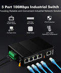 5 Port Industrial DIN Rail Network Switch with 4 local Ethernet ports and 1 uplink for harsh environments, 10 100 Mbps, IP40 rated