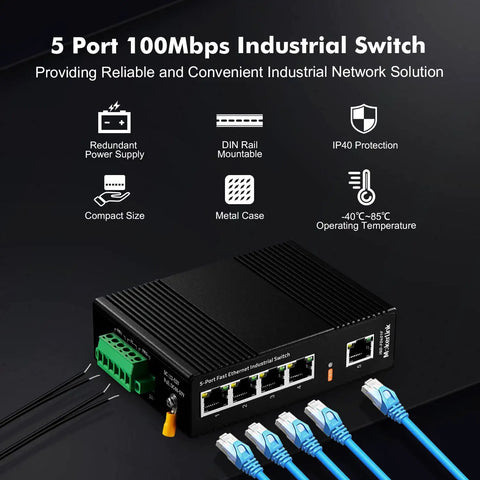 5 Port Industrial DIN Rail Network Switch with 4 local Ethernet ports and 1 uplink for harsh environments, 10 100 Mbps, IP40 rated