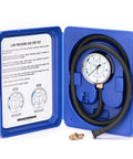 MEASUREMAN low-pressure gas test kit in blue case with gauge, 0-35 in. WC, 1/4 in. NPT, 40-inch hose, brass adapter.