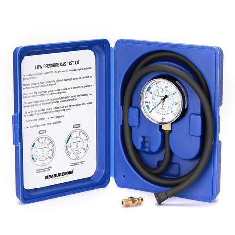 MEASUREMAN low-pressure gas test kit in blue case with gauge, 0-35 in. WC, 1/4 in. NPT, 40-inch hose, brass adapter.