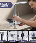 Installing HOWUWEY Chrome Kitchen Faucet with Pull Down Sprayer & Cup Washer on a countertop, showing user interaction.