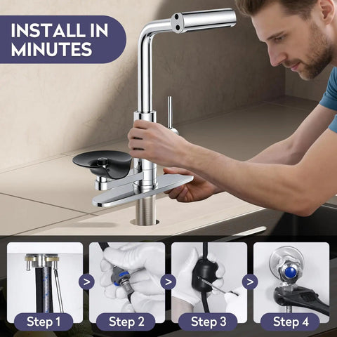 Installing HOWUWEY Chrome Kitchen Faucet with Pull Down Sprayer & Cup Washer on a countertop, showing user interaction.