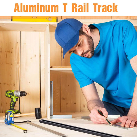 Man measuring table with 8 Pack 48 Inch Double Cut Profile Universal T Track With Predrilled Mounting Holes Pro Grade Aluminum T Track