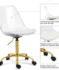 Clear Ergonomic Office Chair With Plush Seat Pad Smooth Swivel Rolling Base Height Adjustable Transparent Acrylic Shell showcasing padded cushion and gold base.