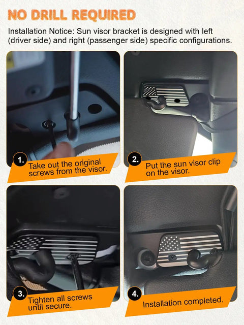 Step-by-step installation of aluminum sun visor clips with American flag design on Jeep Wrangler JK JL Gladiator JT 2018-2023