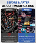 Before and after circuit modification image showing messy wiring versus clean wiring using Top Shelf Ride Ready 12V Add A Circuit Fuse Taps.