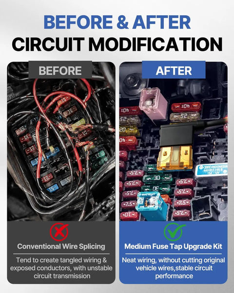 Before and after circuit modification image showing messy wiring versus clean wiring using Top Shelf Ride Ready 12V Add A Circuit Fuse Taps.