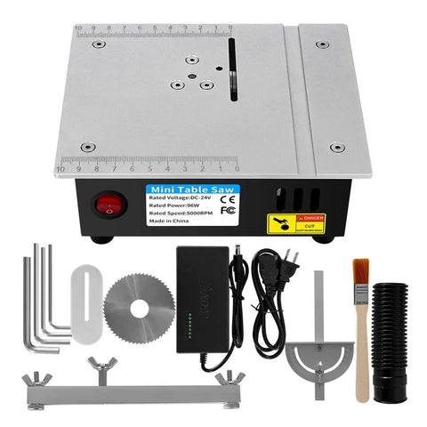 Compact Mini Table Saw With 24V Motor And 63mm Blade For Quick Woodwork Projects featuring tools and parts for DIY use.