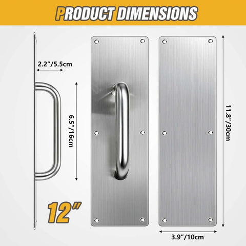 Top Shelf 12 Inch Corrosion Resistant Stainless Steel Door Pull Handle And Push Plate with product dimensions and safety edges