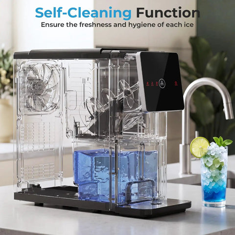 Slick Countertop Nugget Ice Maker With Self Dispensing Tray drops thirty three pounds of fresh chewy ice daily ready in ten minutes.