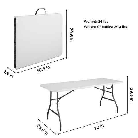 Dimensions of Six Foot Fold In Half Blow Molded Folding Table For Indoor And Outdoor Use With Comfort Handle 72 Inch Long White