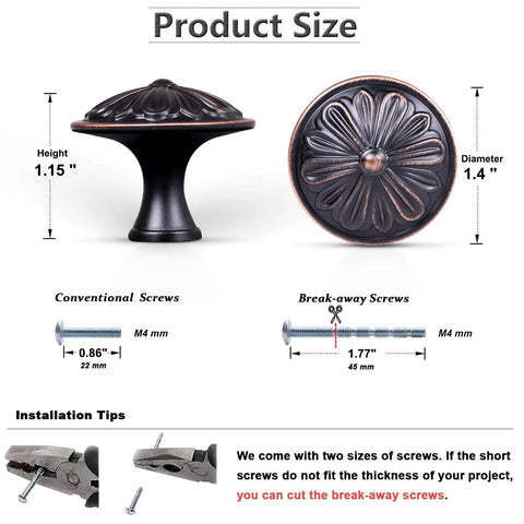Rock Solid 8 Pack Oil Rubbed Bronze Cabinet Knobs Featuring Heavy Duty Floral Details For Rustic Kitchen Cabinetry And Dresser Drawers Finished In Antiqued Bronze size dimensions with installation tips.