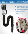 Flex Drain Bathroom Sink Kit With Expandable P Trap And Snappy Stopper No Sweat Anti Clog Stainless Drain kit displayed.