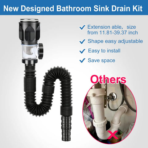 Flex Drain Bathroom Sink Kit With Expandable P Trap And Snappy Stopper No Sweat Anti Clog Stainless Drain kit displayed.