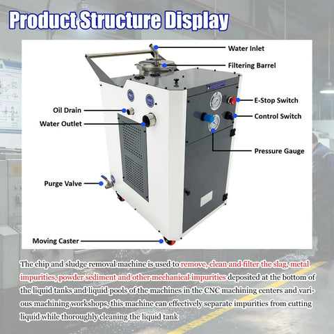 Heavy Duty Pneumatic Chip And Sludge Removal Machine For Cnc Workshops High Performance Cutting Fluid Filter structure with water inlet, oil drain, and control switches.