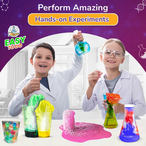 Children conducting chemistry experiments with Mega 150 Science Experiment Kit For Kids Hands On Chemistry STEM Fun Educational Activities