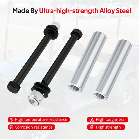 Spindle King Pin Tube Bushing Kit For EZGO TXT PDS 2001 And Up Heavy Duty Bushings, steel tubes shown with bolts and nuts
