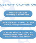 MidOpt optics cleaning solution warning graphic; cautions painted surfaces, delicate plastics, and coated optics.